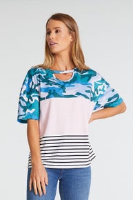 820 Camo Striped Pink Patchwork Tee