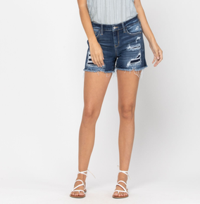 1022 Judy Blue Mid Rise Patch Cutoff Shorts