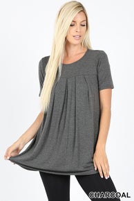 424 Short Sleeve Round Neck Pleated Top