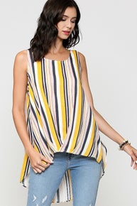 538 Sleeveless Multi Striped Pleated Top